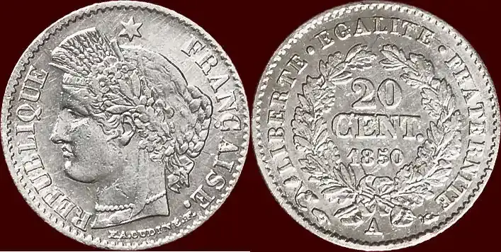20 Centimes FRANCE – SECOND REPUBLIC, 1848-1852 – 1850 A, Paris xf à xf+ - Super-Preis